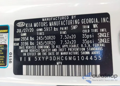 2021 Kia Telluride Ex z USA, uszkodzony, nr VIN 5XYP3DHC6MG104455